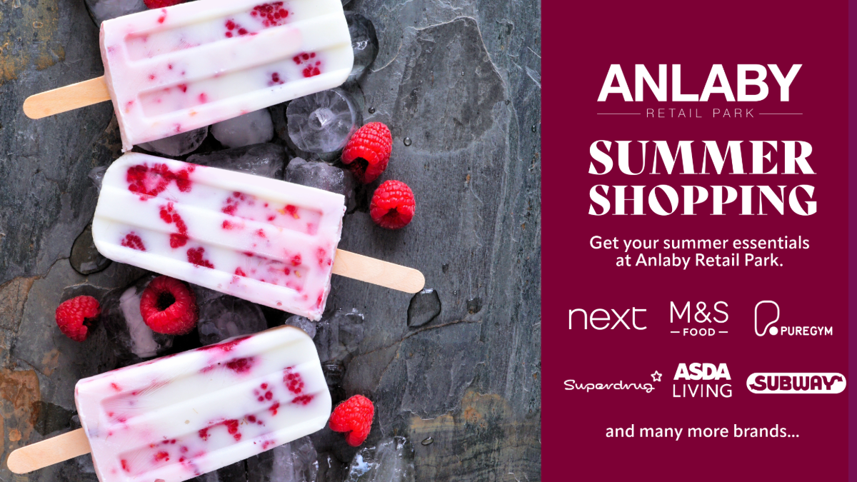 Flatlay of raspberry and cream ice lollies with promotional text for Anlaby Retail Park summer shopping event